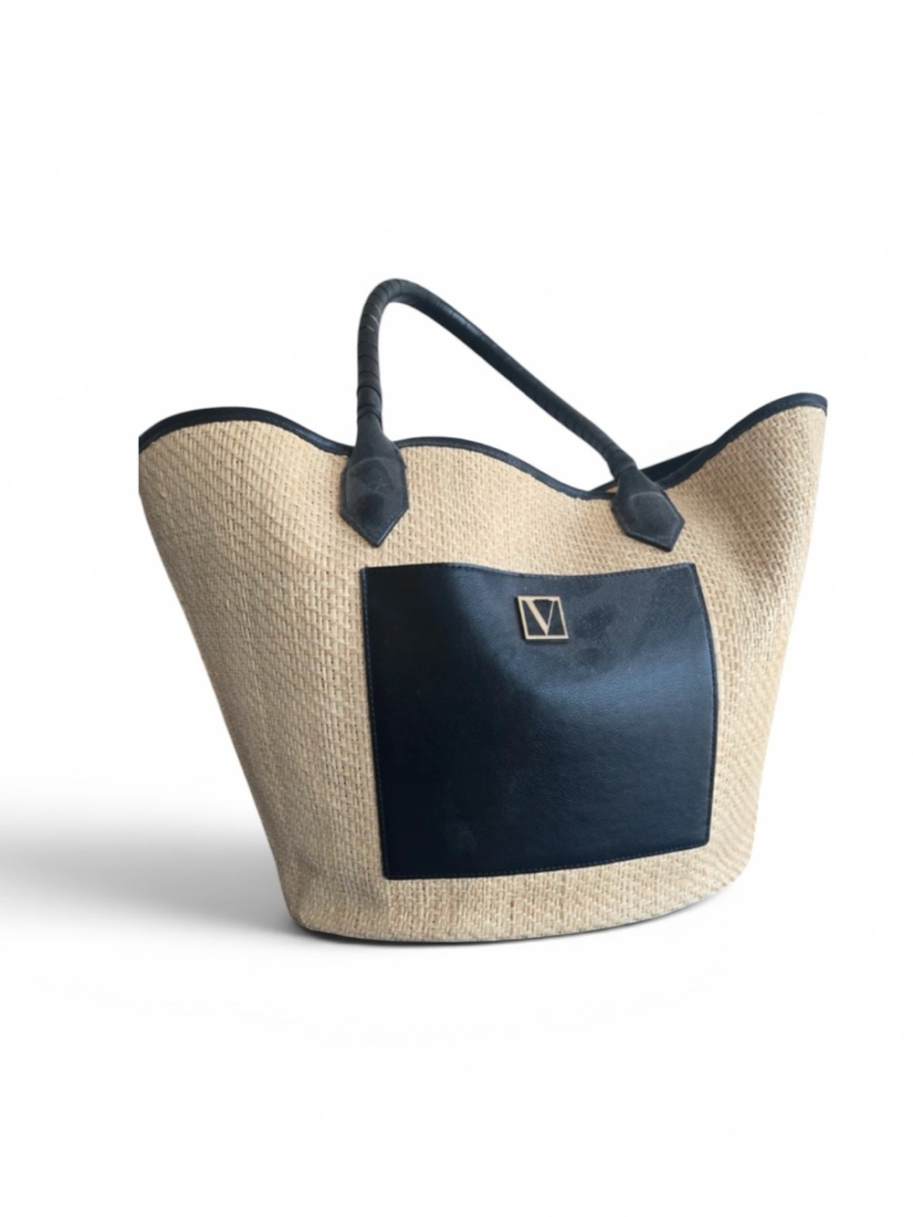 Tote Bag | Woven Beach Bag | Black Trim Shoulder Tote